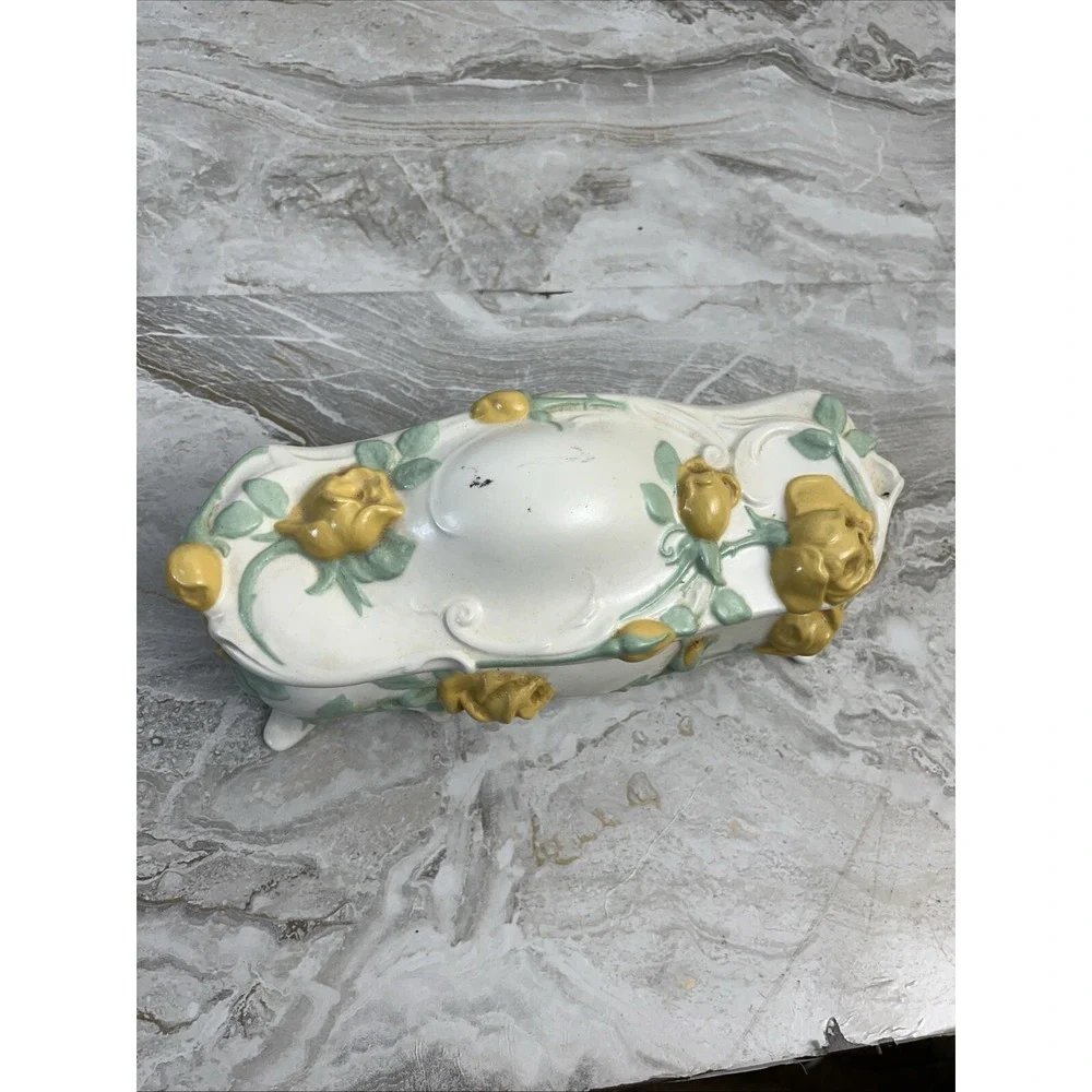 Antique Victorian Porcelain Yellow Rose Jewelry/Trinket Storage Box
